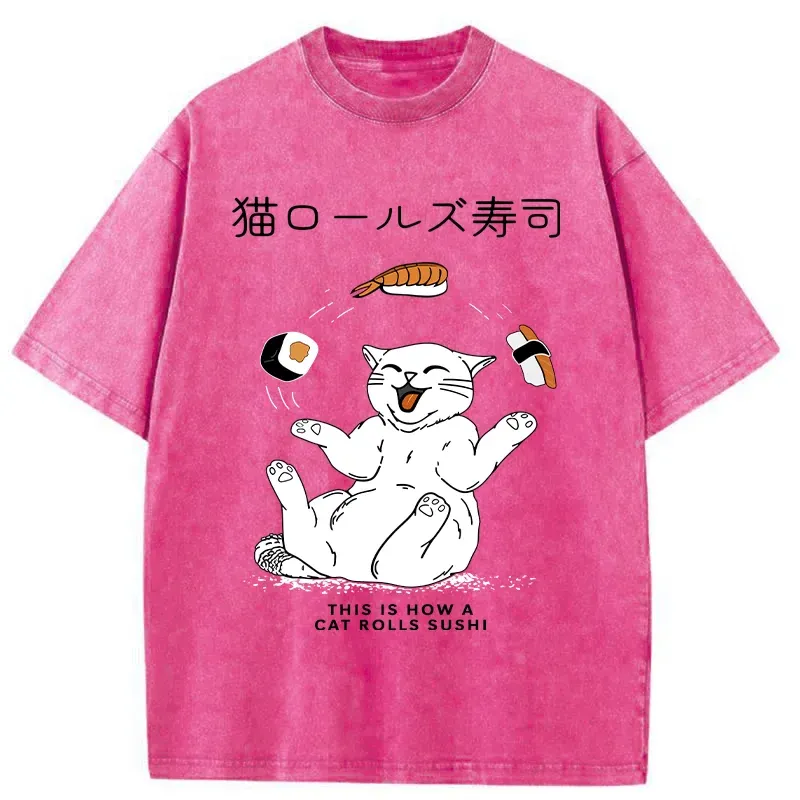 Tokyo-Tiger Funny Cat Rolls Sushi Washed T-Shirt