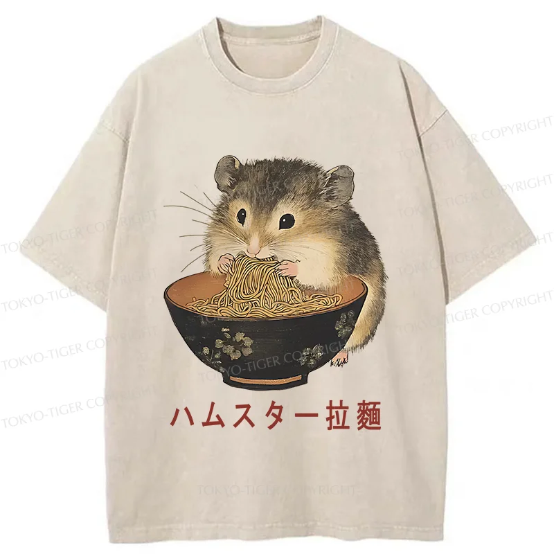 Tokyo-Tiger Hamster Eating Ramen Washed T-Shirt