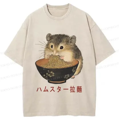 Tokyo-Tiger Hamster Eating Ramen Washed T-Shirt