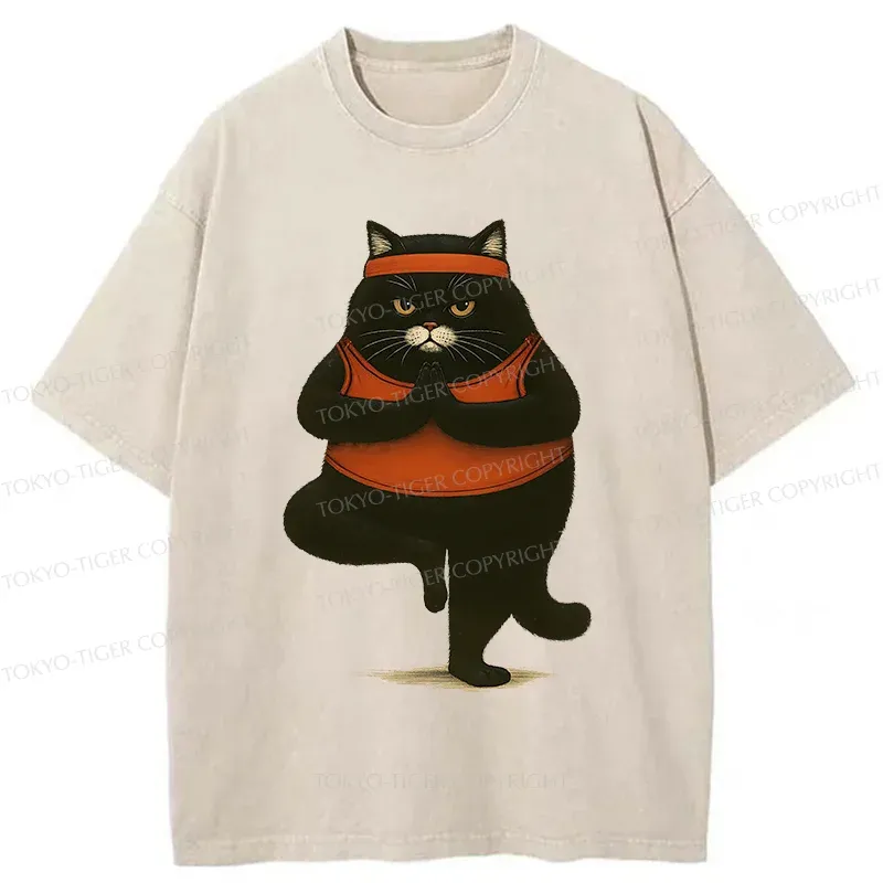 Tokyo-Tiger Black Cat Doing Yoga Washed T-Shirt