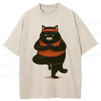 Tokyo-Tiger Black Cat Doing Yoga Washed T-Shirt