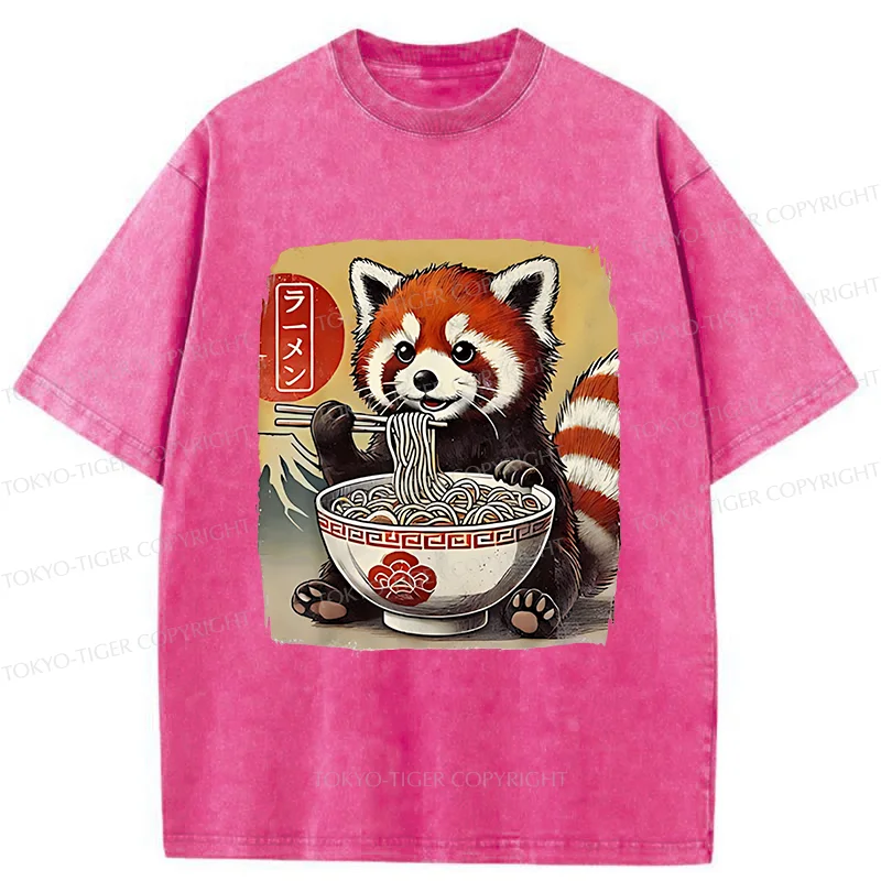 Tokyo-Tiger Cute Raccoon Eating Ramen Washed T-Shirt