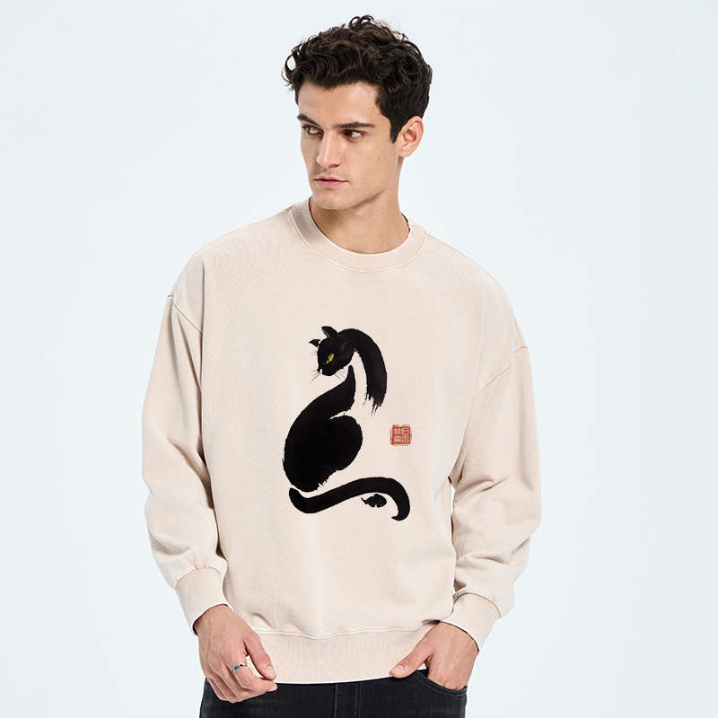 Tokyo-Tiger Elegant Black Cat Japan Washed Sweatshirt