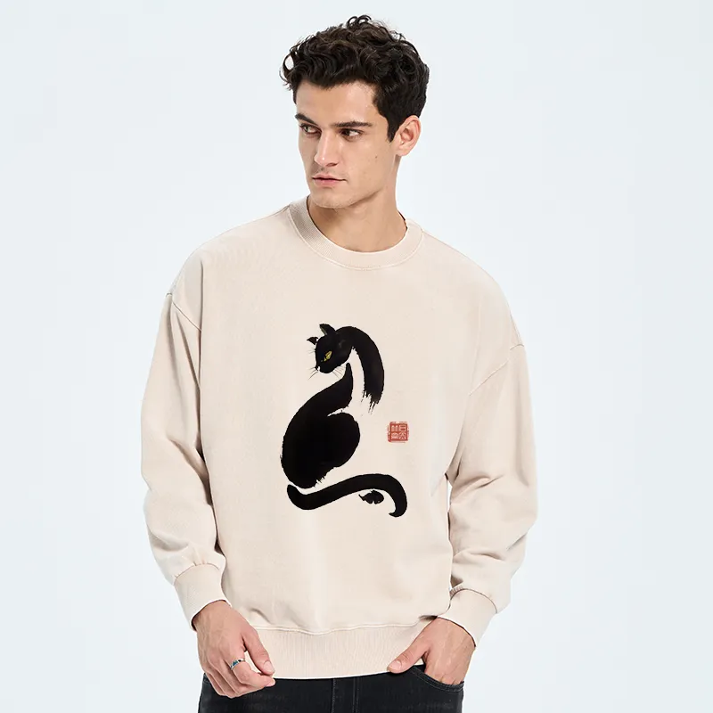 Tokyo-Tiger Elegant Black Cat Japan Washed Sweatshirt
