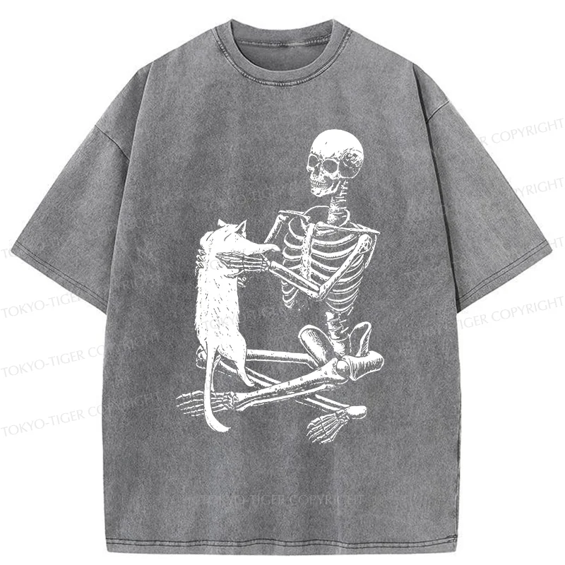 Tokyo-Tiger Skeleton And His Cat Washed T-Shirt