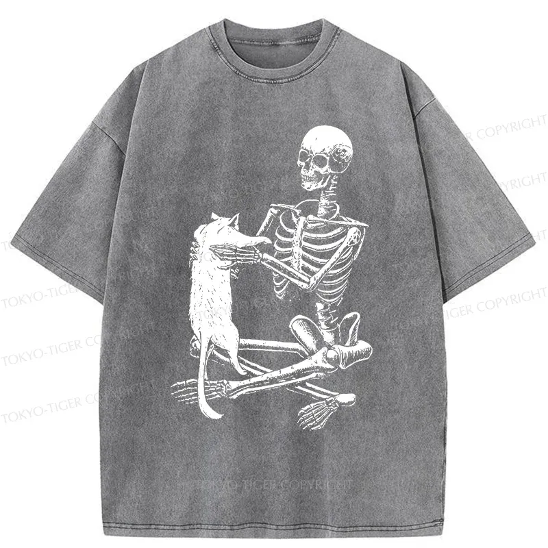Tokyo-Tiger Skeleton And His Cat Washed T-Shirt