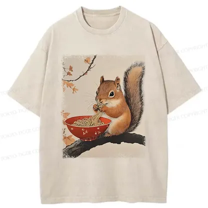 Tokyo-Tiger Squirrel Eating Ramen Washed T-Shirt