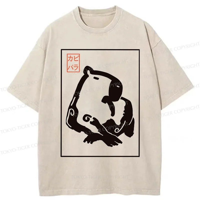 Tokyo-Tiger Woodblock Print Capybara Washed T-Shirt