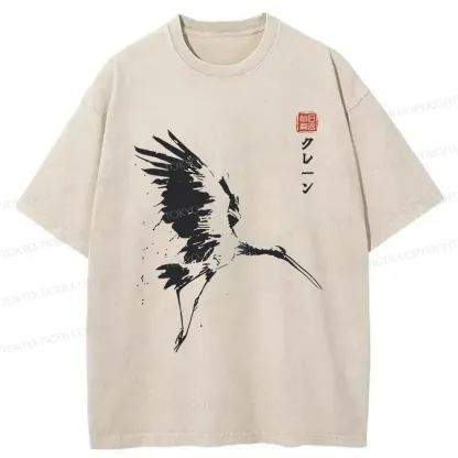 Tokyo-Tiger Japanese Crane Ink Painting Washed T-Shirt