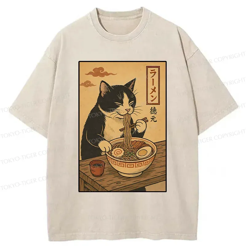 Tokyo-Tiger Tuxedo Cat Eats Ramen Washed T-Shirt