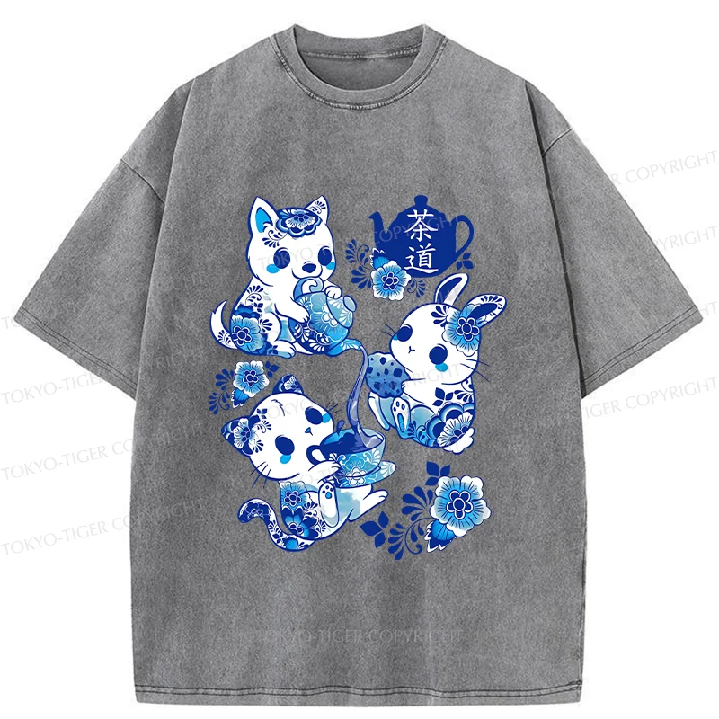 Tokyo-Tiger Blue And White Porcelain Washed T-Shirt