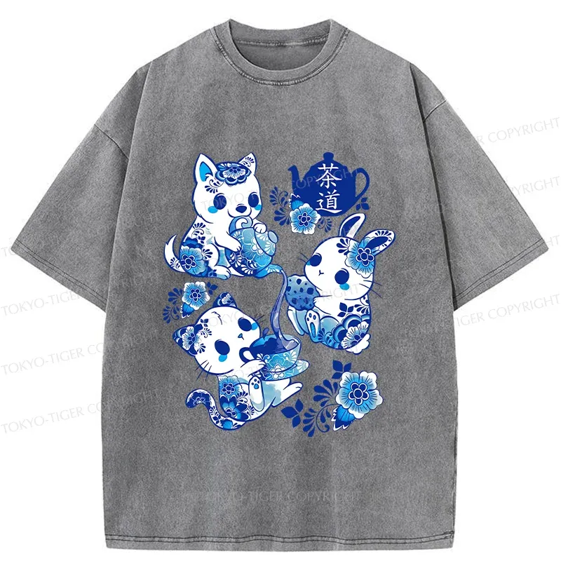 Tokyo-Tiger Blue And White Porcelain Washed T-Shirt