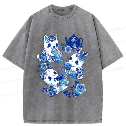 Tokyo-Tiger Blue And White Porcelain Washed T-Shirt