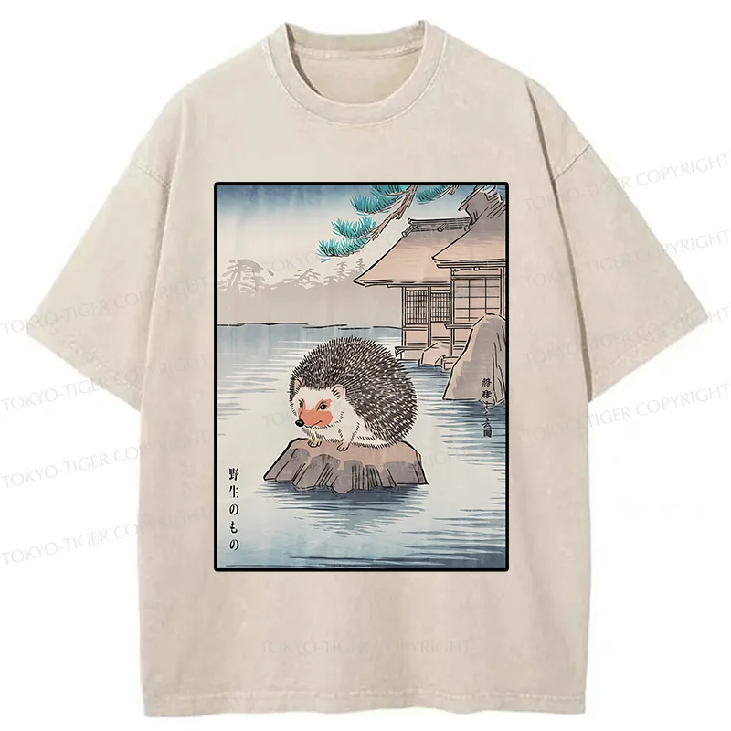Tokyo-Tiger Hedgehog Taking A Hot Spring Bath Washed T-Shirt
