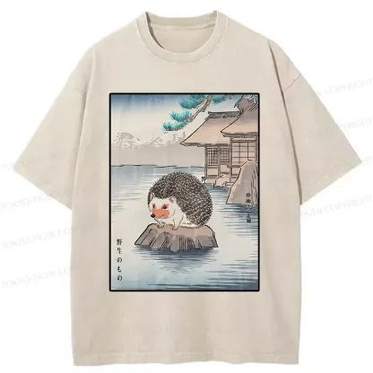 Tokyo-Tiger Hedgehog Taking A Hot Spring Bath Washed T-Shirt