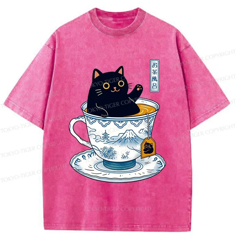 Tokyo-Tiger Cat In Teacup Washed T-Shirt Sale