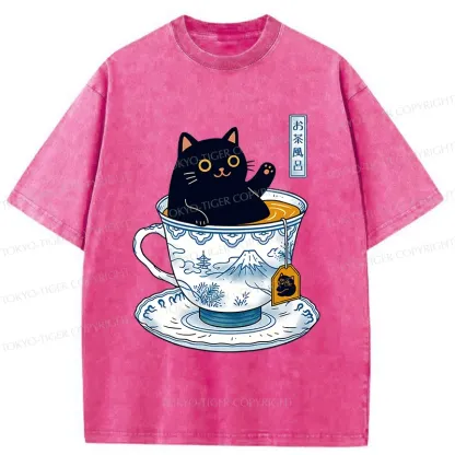 Tokyo-Tiger Cat In Teacup Washed T-Shirt