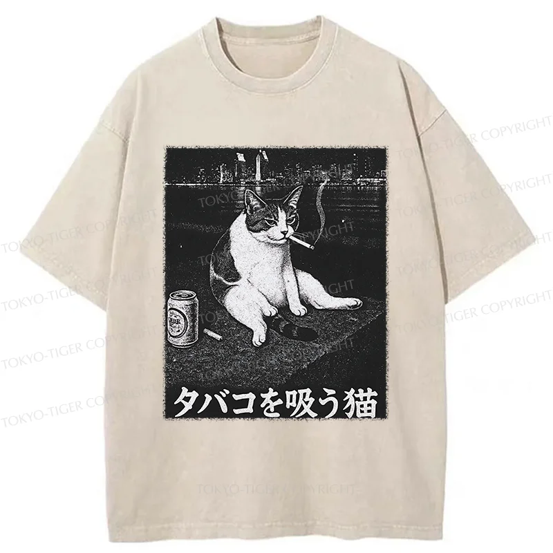 Tokyo-Tiger Smoking Cat Funny Washed T-Shirt