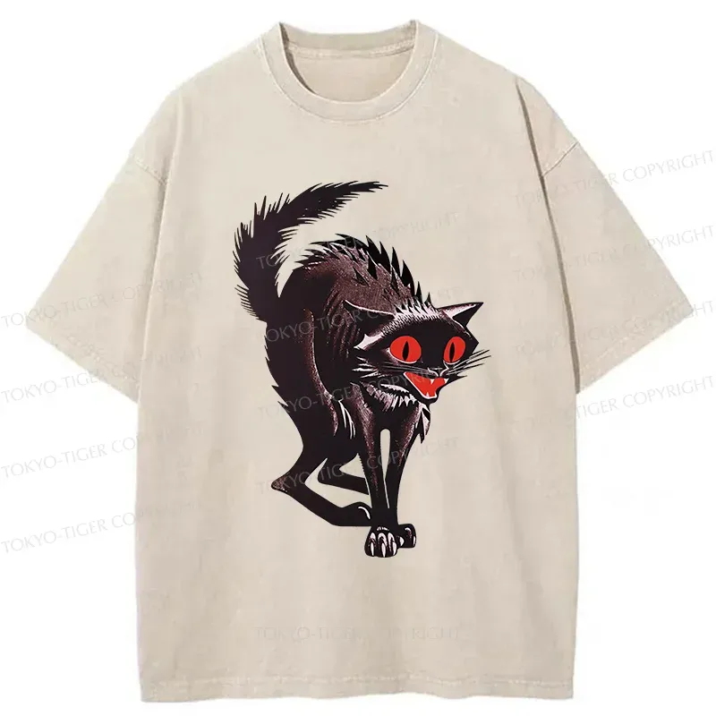 Tokyo-Tiger Halloween Scary Black Cat Washed T-Shirt