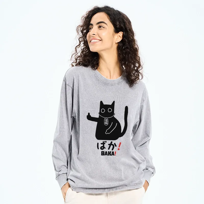 Tokyo-Tiger Japanese Baka Cat Washed Long Sleeve T-Shirt