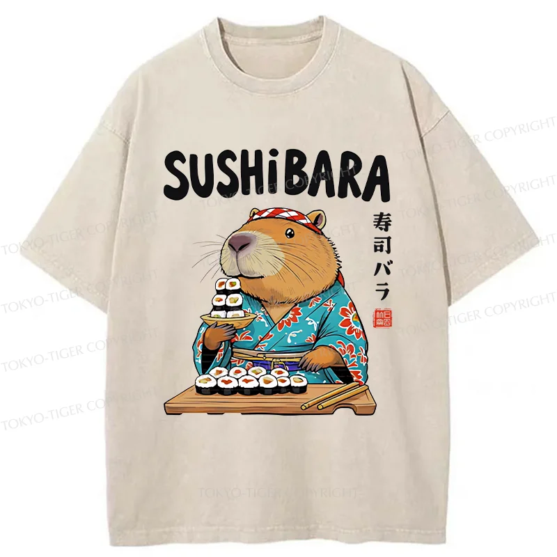 Tokyo-Tiger Capybara Sushi Chef Washed T-Shirt