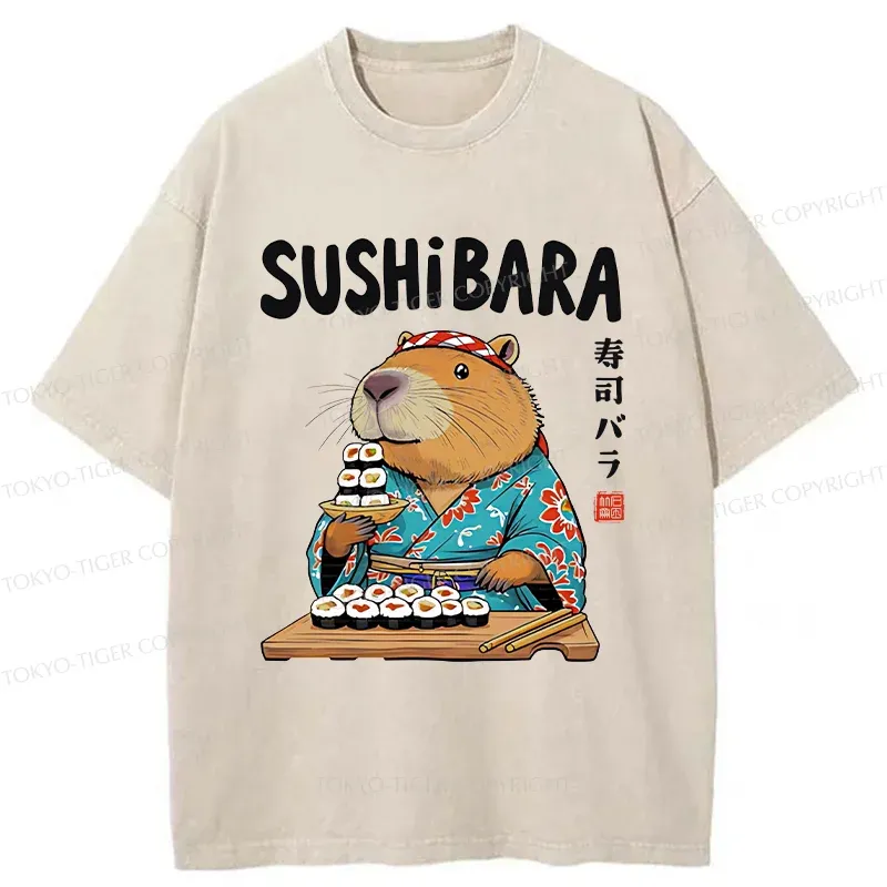 Tokyo-Tiger Capybara Sushi Chef Washed T-Shirt Sale