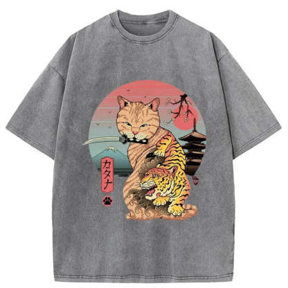 Tokyo-Tiger Katana Cat Tattoo Washed T-Shirt