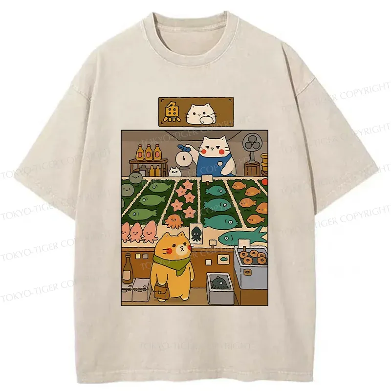 Tokyo-Tiger Cat's Fish Market Washed T-Shirt
