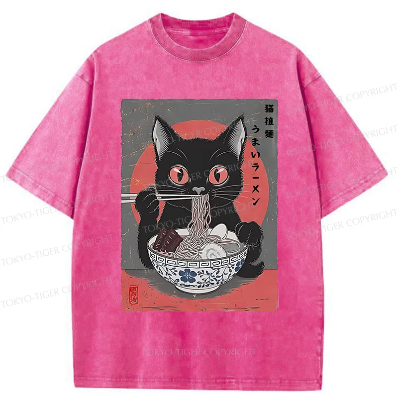 Tokyo-Tiger Black Cat Eating Delicious Ramen Washed T-Shirt