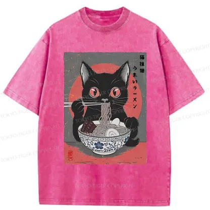 Tokyo-Tiger Black Cat Eating Delicious Ramen Washed T-Shirt