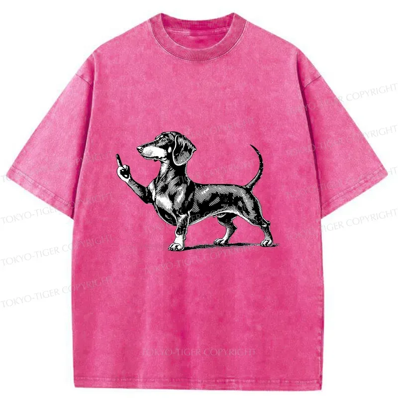 Tokyo-Tiger Dachshund Showing Middle Finger Washed T-Shirt