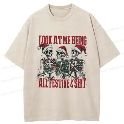 Tokyo-Tiger Funny Christmas Skull Washed T-Shirt