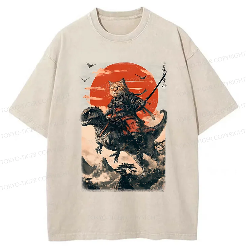Tokyo-Tiger Brave Cat Samurai Washed T-Shirt