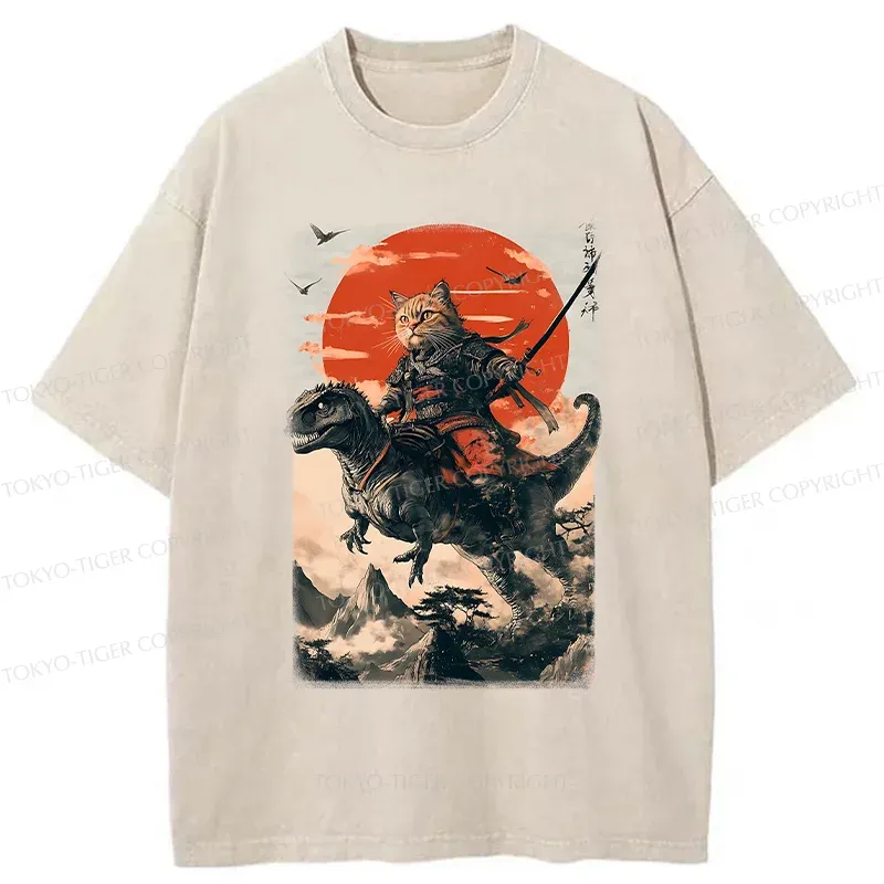 Tokyo-Tiger Brave Cat Samurai Washed T-Shirt Sale