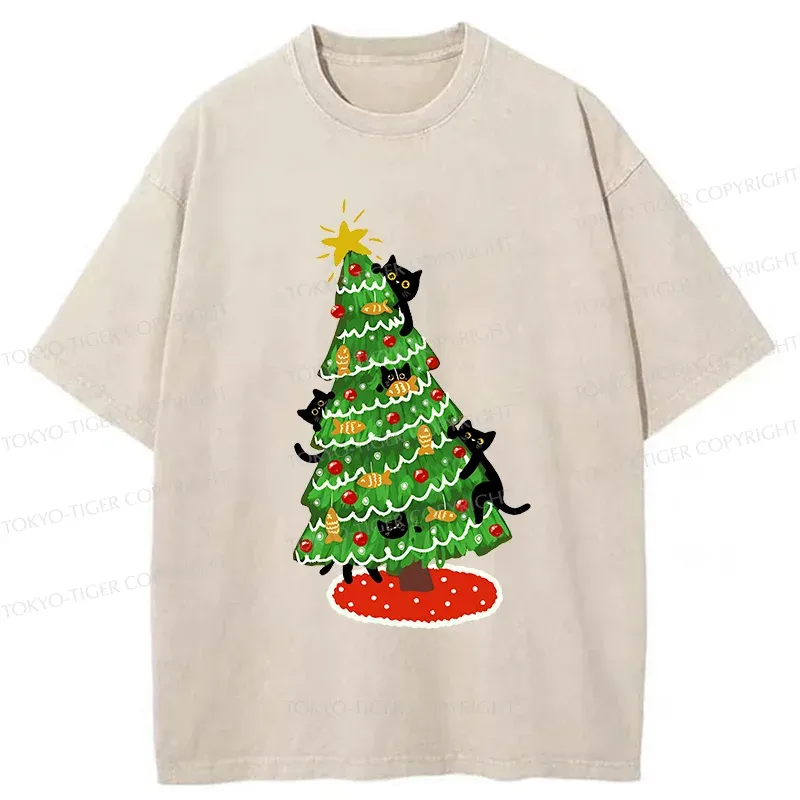 Tokyo-Tiger Christmas Tree Full Of Black Cats Washed T-Shirt