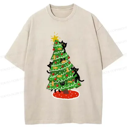 Tokyo-Tiger Christmas Tree Full Of Black Cats Washed T-Shirt