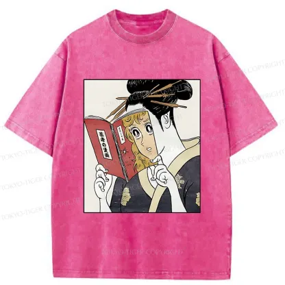 Tokyo-Tiger Geisha Reading Girls' Comics Washed T-Shirt