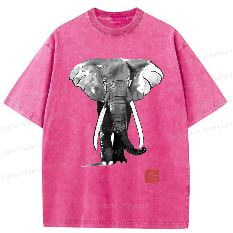 Tokyo-Tiger Elephant Ink Painting Washed T-Shirt