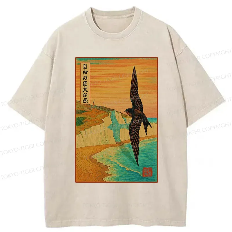 Tokyo-Tiger Large And Unconstrained Swallow Washed T-Shirt