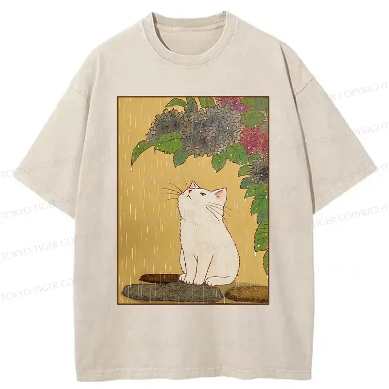 Tokyo-Tiger Cat Enjoying Flowers Washed T-Shirt