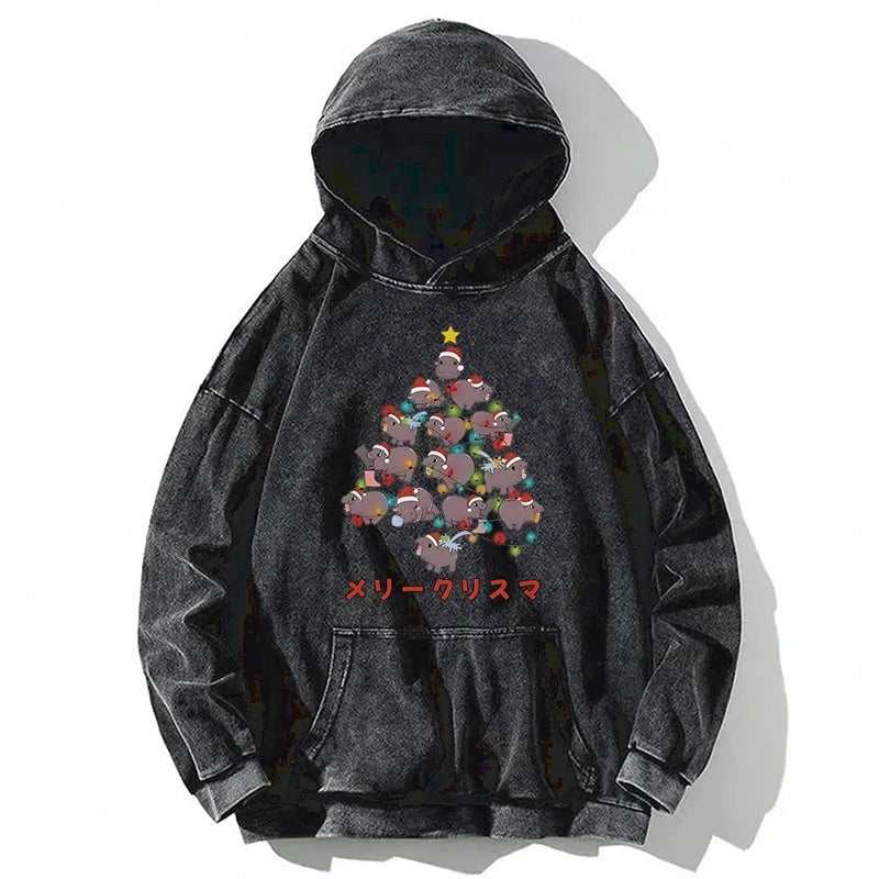 Tokyo-Tiger Moo Deng Christmas Tree Japanese Washed Hoodie