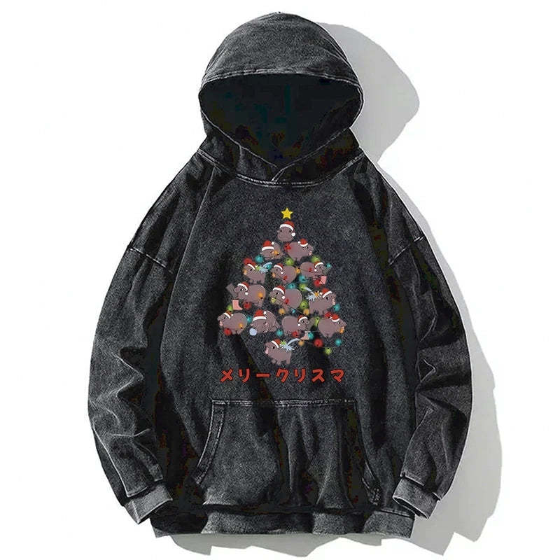 Tokyo-Tiger Moo Deng Christmas Tree Japanese Washed Hoodie