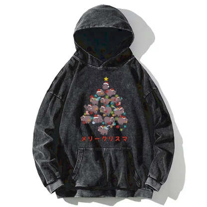 Tokyo-Tiger Moo Deng Christmas Tree Japanese Washed Hoodie