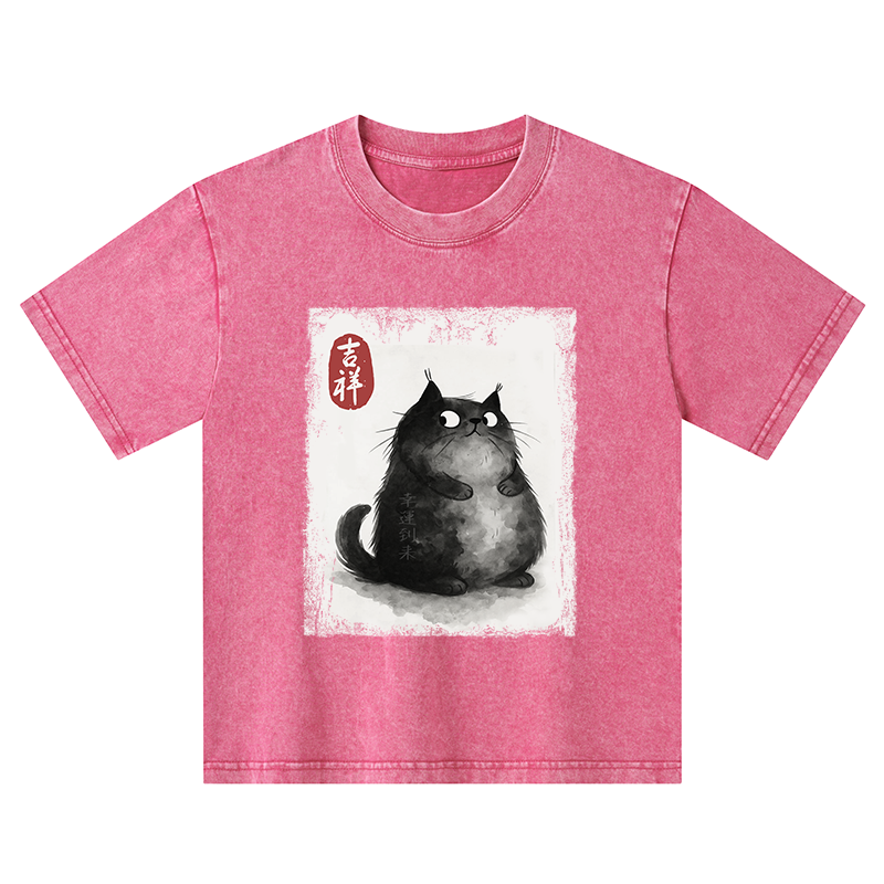 Tokyo-Tiger Auspicious Fluffy Black Cat Ink Painting Kids Washed T-Shirt