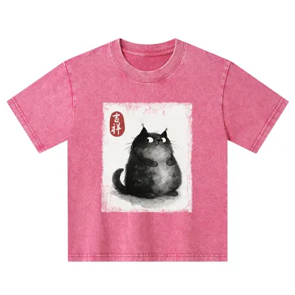 Tokyo-Tiger Auspicious Fluffy Black Cat Ink Painting Kids Washed T-Shirt