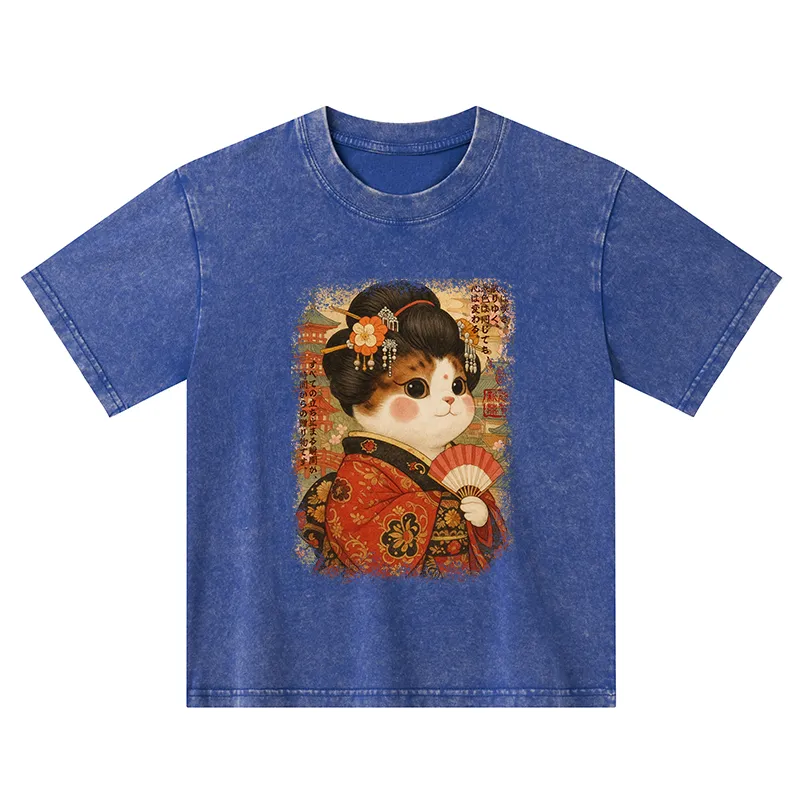 Tokyo-Tiger Ukiyoe Japanese Cat Princess Kids Washed T-Shirt