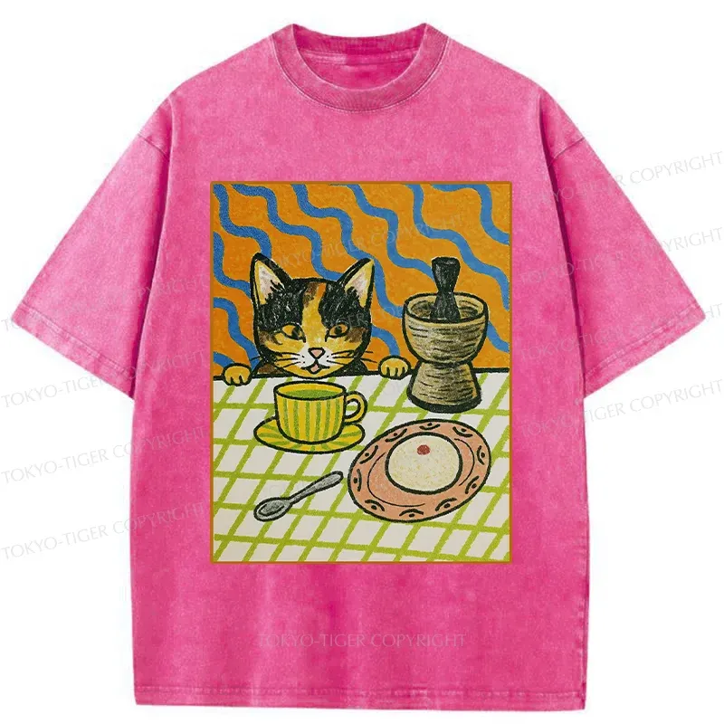 Tokyo-Tiger Cat Waiting For Afternoon Tea Washed T-Shirt
