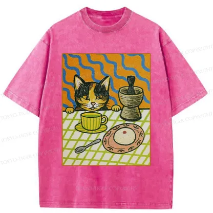 Tokyo-Tiger Cat Waiting For Afternoon Tea Washed T-Shirt