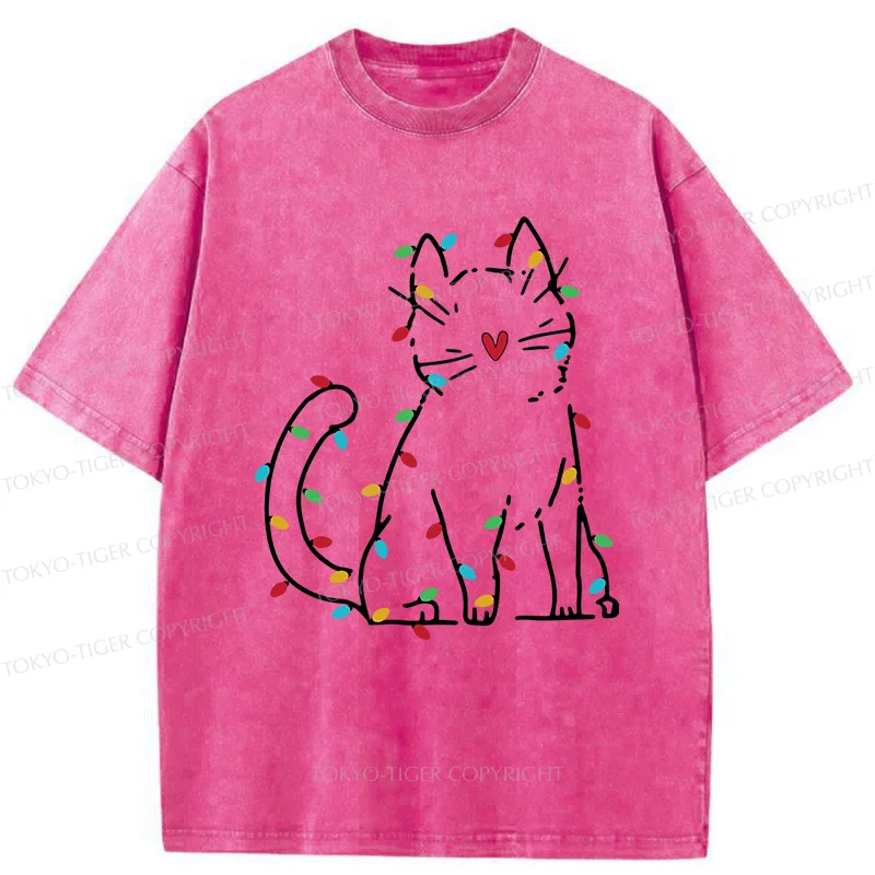 Tokyo-Tiger Christmas Lights Cat Washed T-Shirt