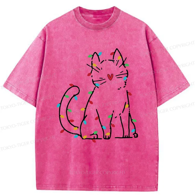 Tokyo-Tiger Christmas Lights Cat Washed T-Shirt